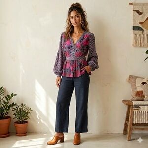 Anthropologie Edmé & Esyllte 100% Silk Mixed Print Boho Blouse - Size 0